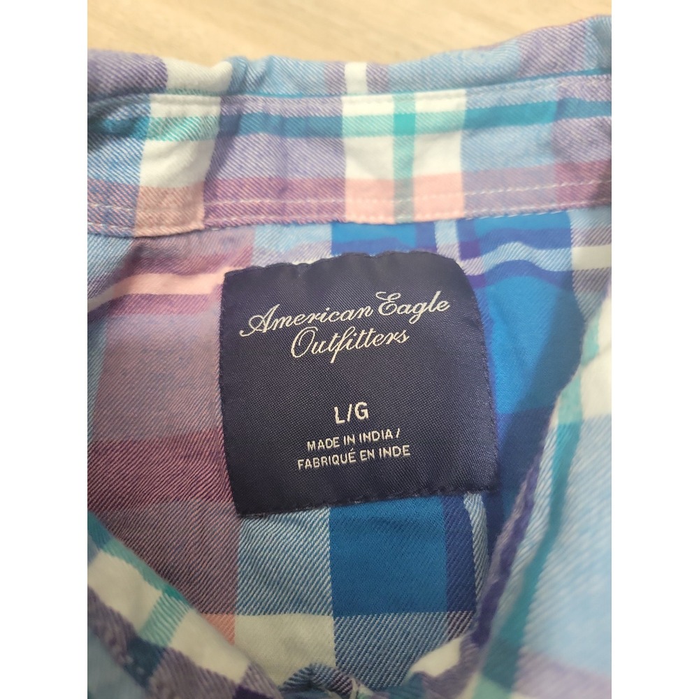 American Eagle Outfitters Womens Blue Pink Plaid Western Snap Button Shirt L - Picture 5 of 8